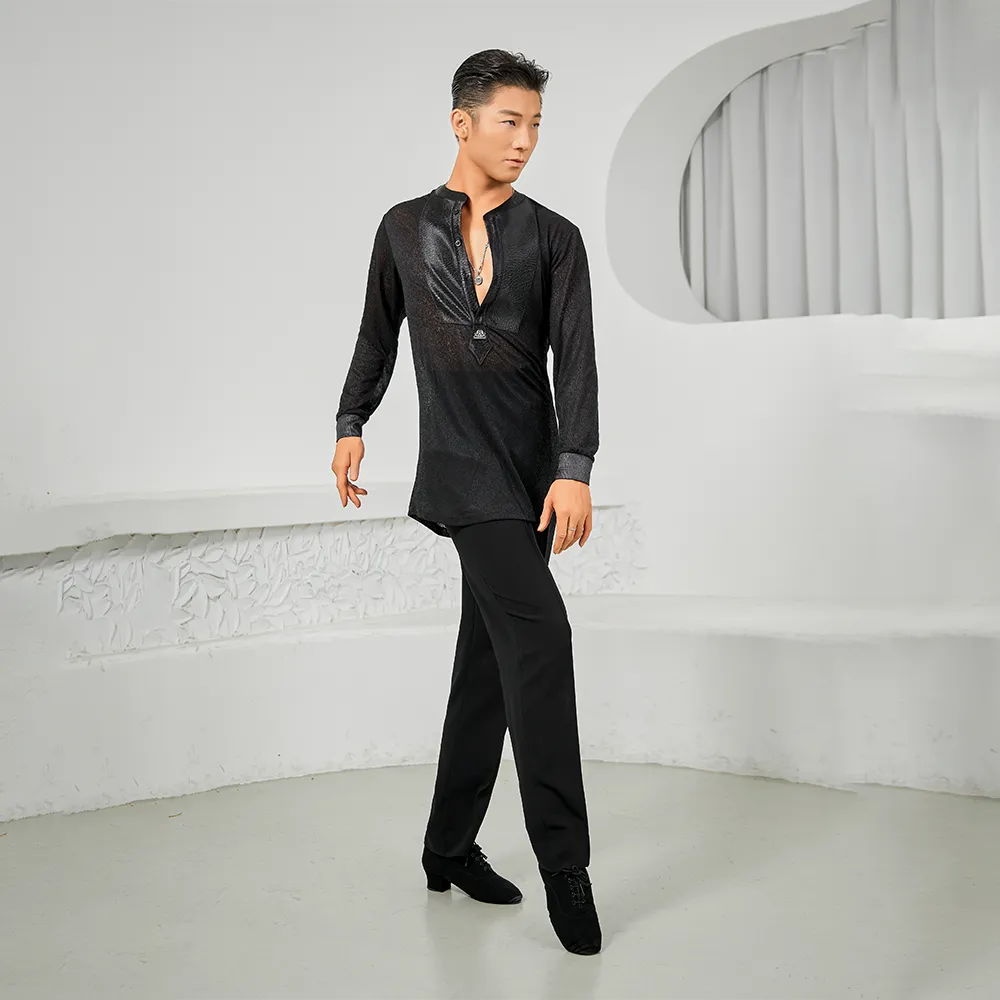 NY707 Men’s Panel Splice Long‑Sleeve Latin Dance Top